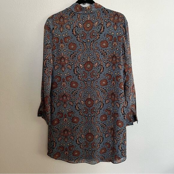Cabi Blue Brown Floral Johnny Collar Long Sleeve Dress Women's size XS - Picture 2 of 6